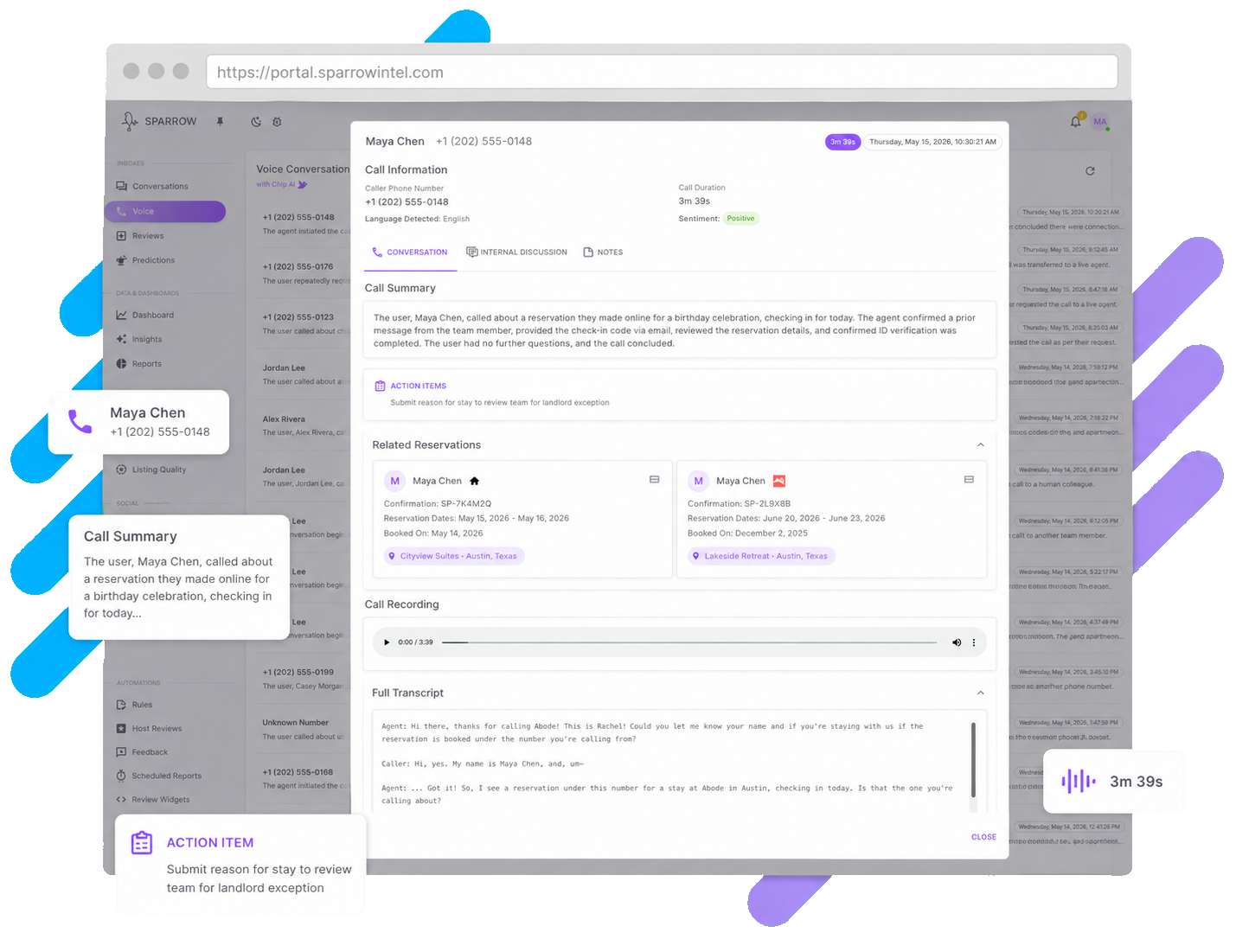 A handled call in Sparrow Intel, with the caller, call summary, action items, related reservations, recording and transcript