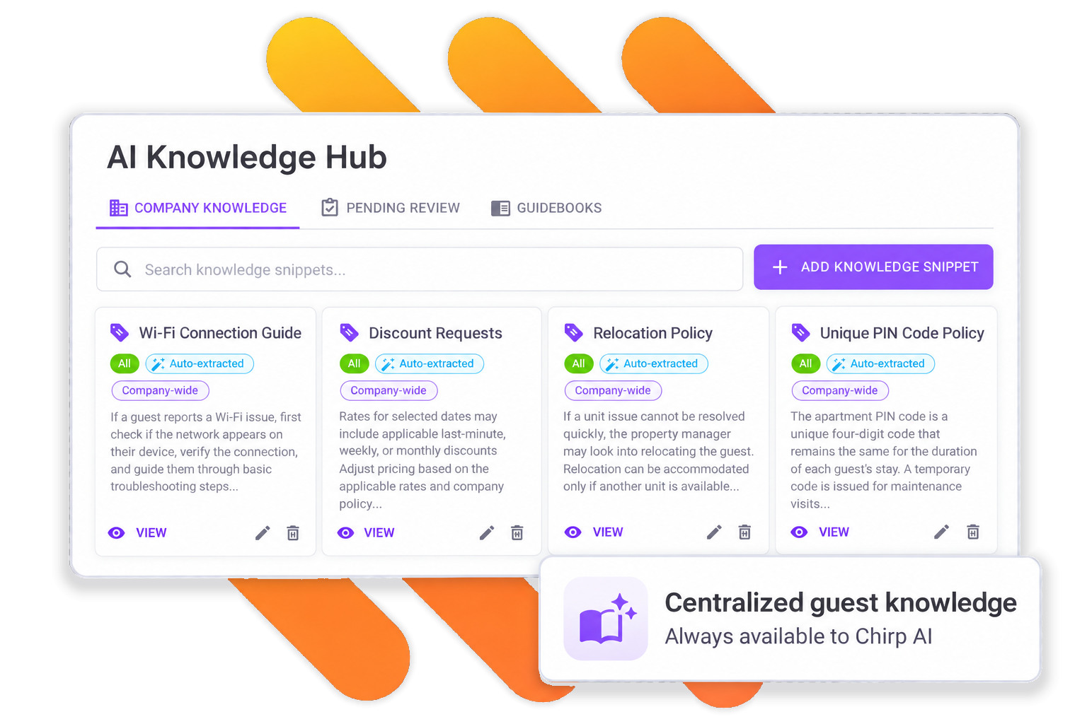 The AI Knowledge Hub listing auto-extracted company-wide knowledge snippets, with tabs for company knowledge, pending review and guidebooks