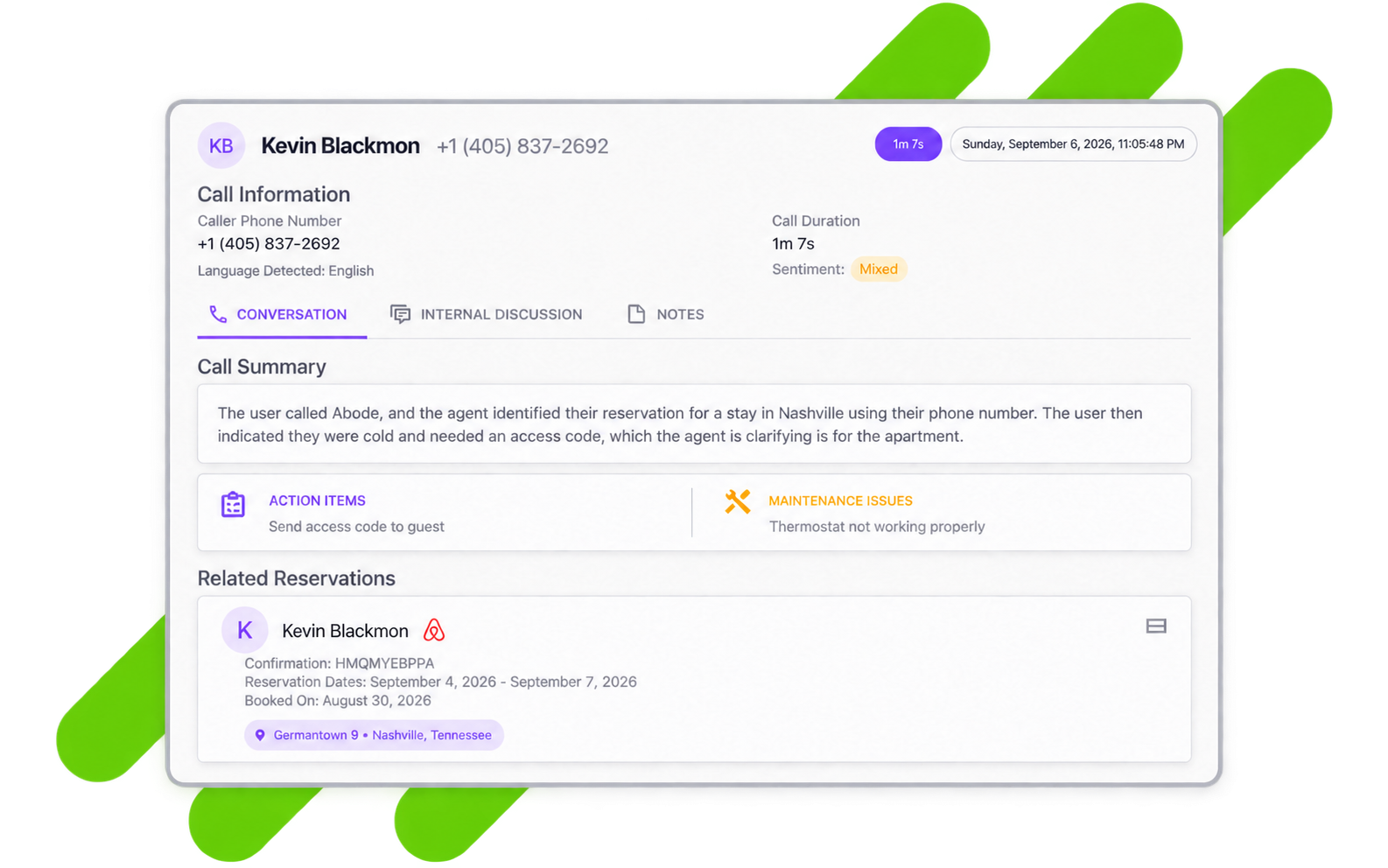 A Voice Conversation where Chirp AI matched the caller to a reservation by phone number, with an AI call summary, an action item, a maintenance issue and the related reservation